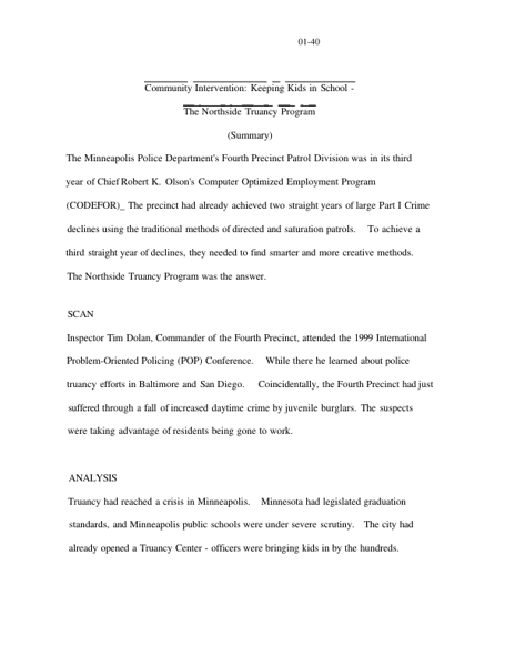 Community Intervention: Keeping Kids in School. The Northside Truancy Program