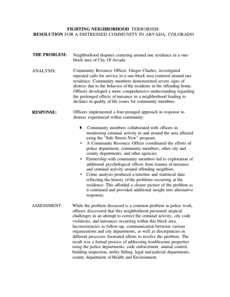 Fighting Neighborhood Terrorism: Resolution for a Distressed Community in Arvada, Colorado