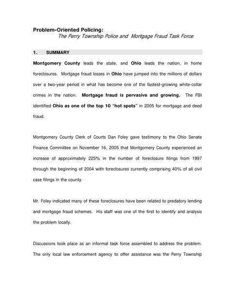 The Perry Township Police Department and Mortgage Fraud Task Force