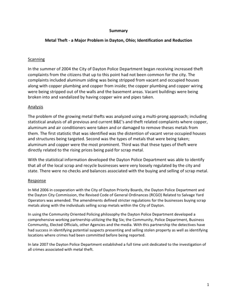 Metal Theft  A Major Problem in Dayton, Ohio; Identification and Reduction